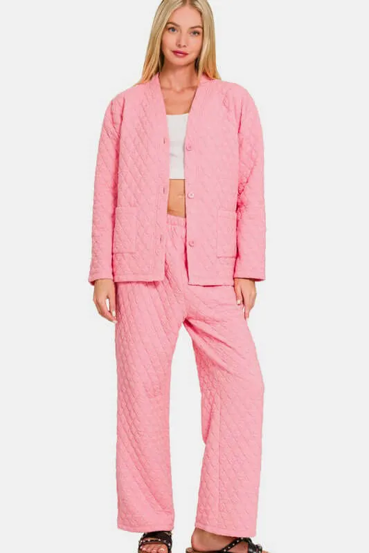 Quilted Button Up Top and Pants Lounge Se