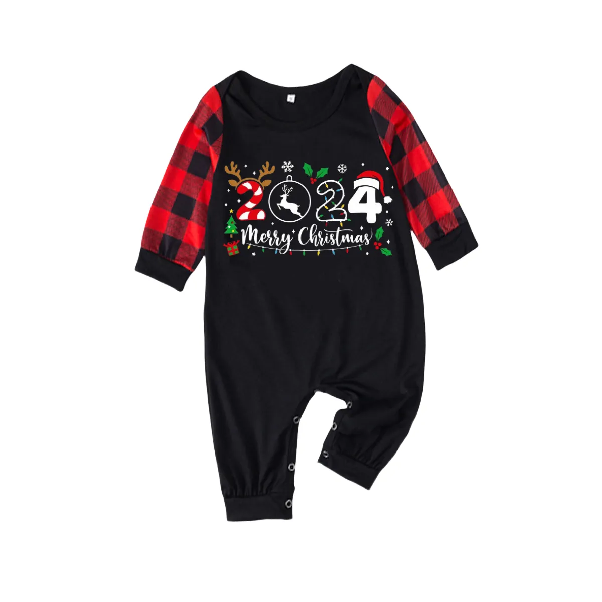 "2024 Merry Christmas" Text Print Black & Red Plaid Christmas Matching Pajamas