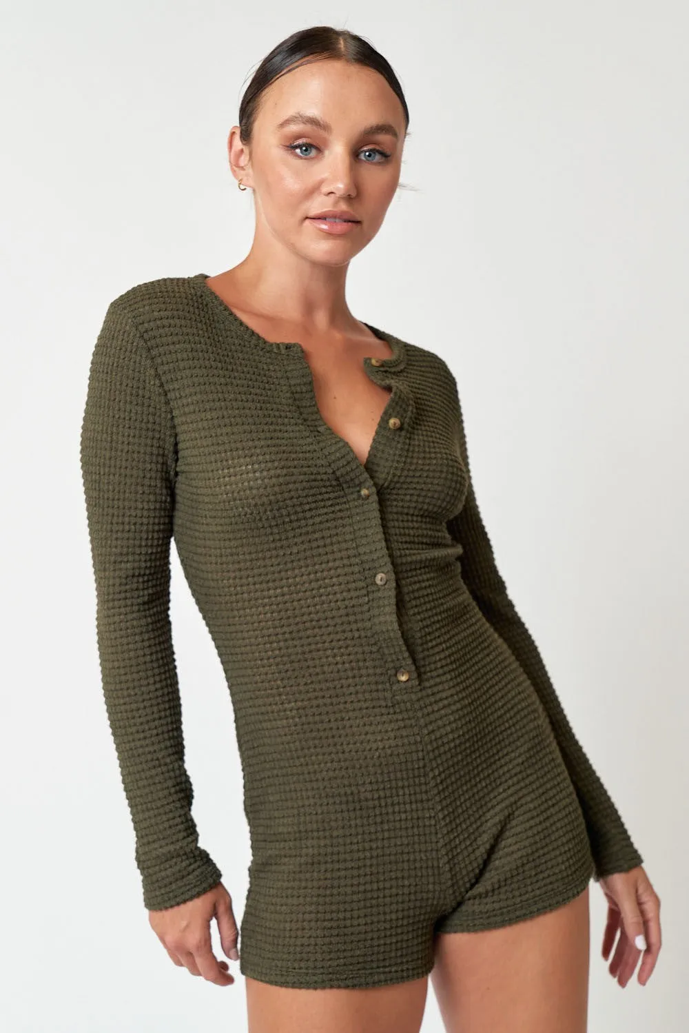 "Fall Movie Date" Olive Green Knit Thermal Button Down Romper