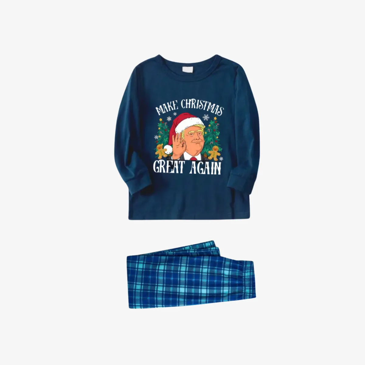 "MERRY CHRISTMAS GREAT AGAIN" Letter Printed Sky Blue Plaid Family Pajamas Sets