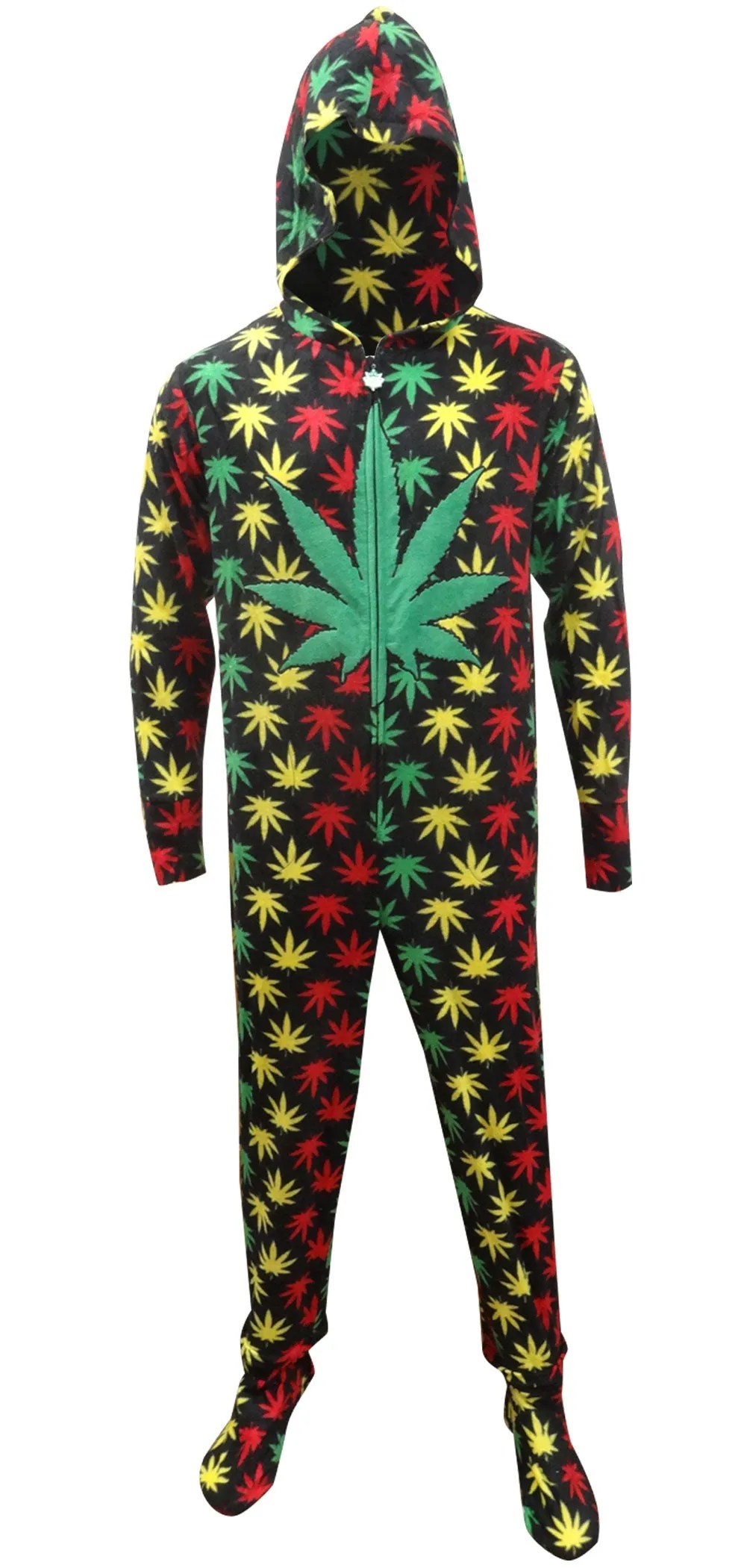 Rasta Ganja Weed Leaf Footie One Piece Pajamas with Hood