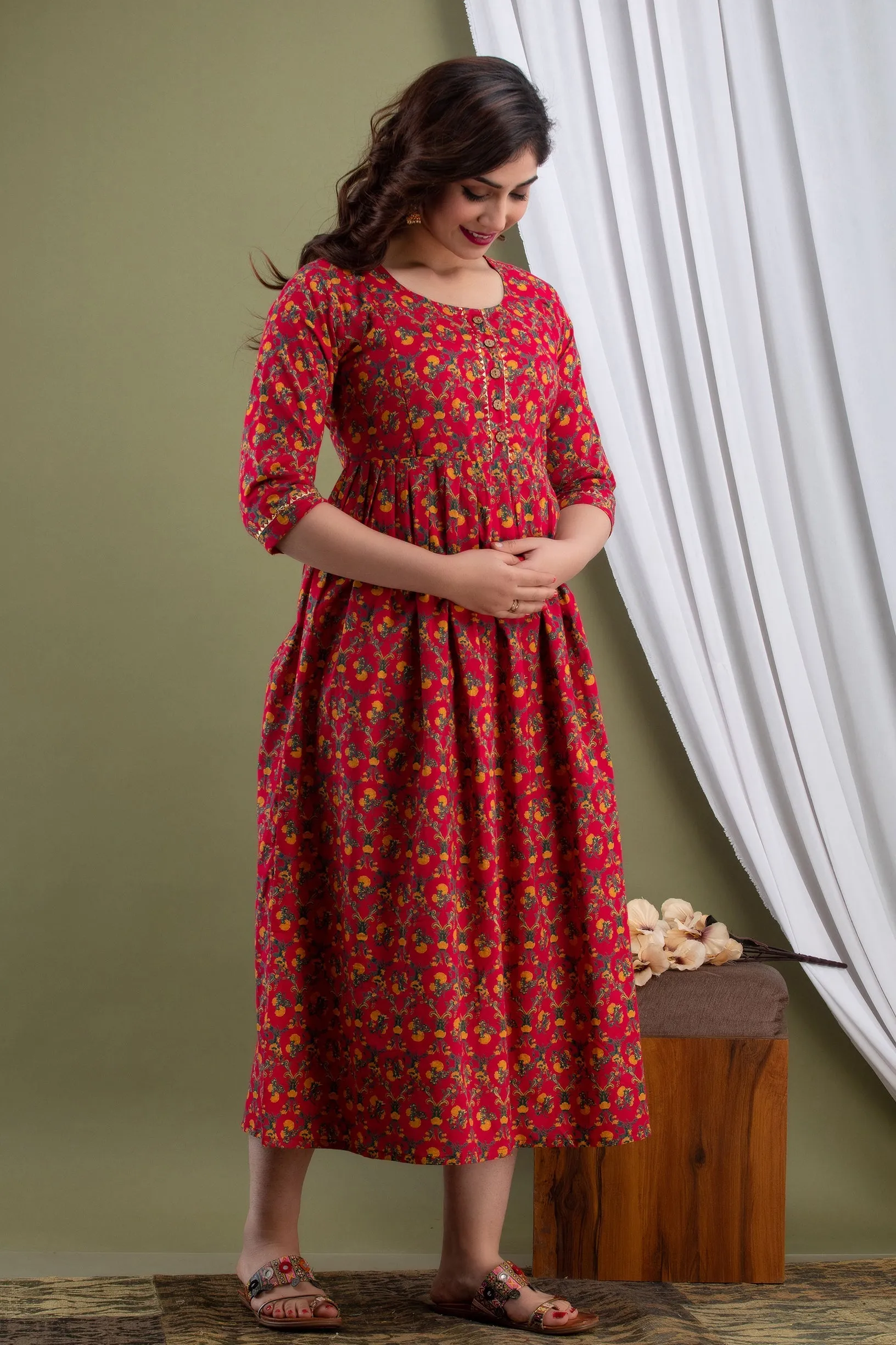 Red Floral Print Maternity Baby Feeding Dress