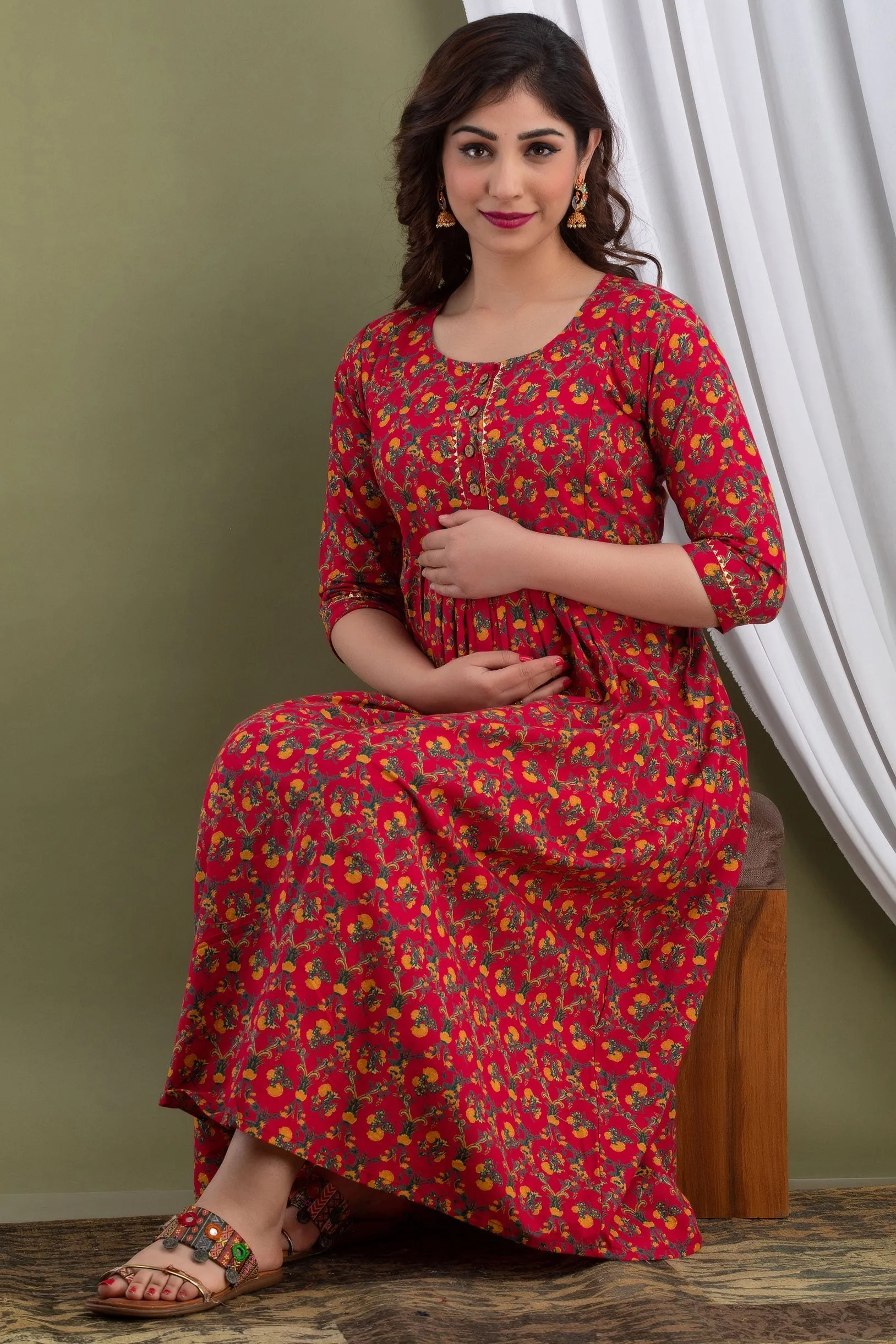 Red Floral Print Maternity Baby Feeding Dress
