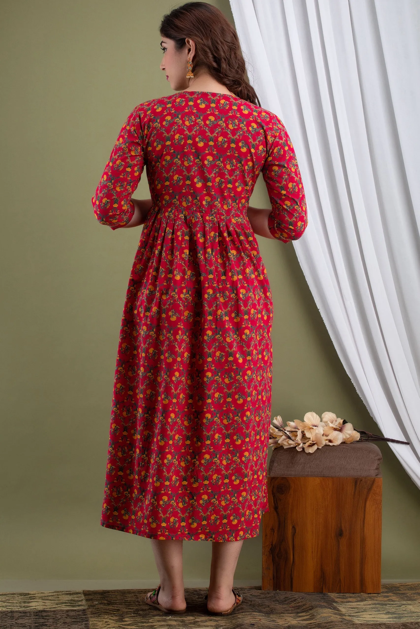 Red Floral Print Maternity Baby Feeding Dress