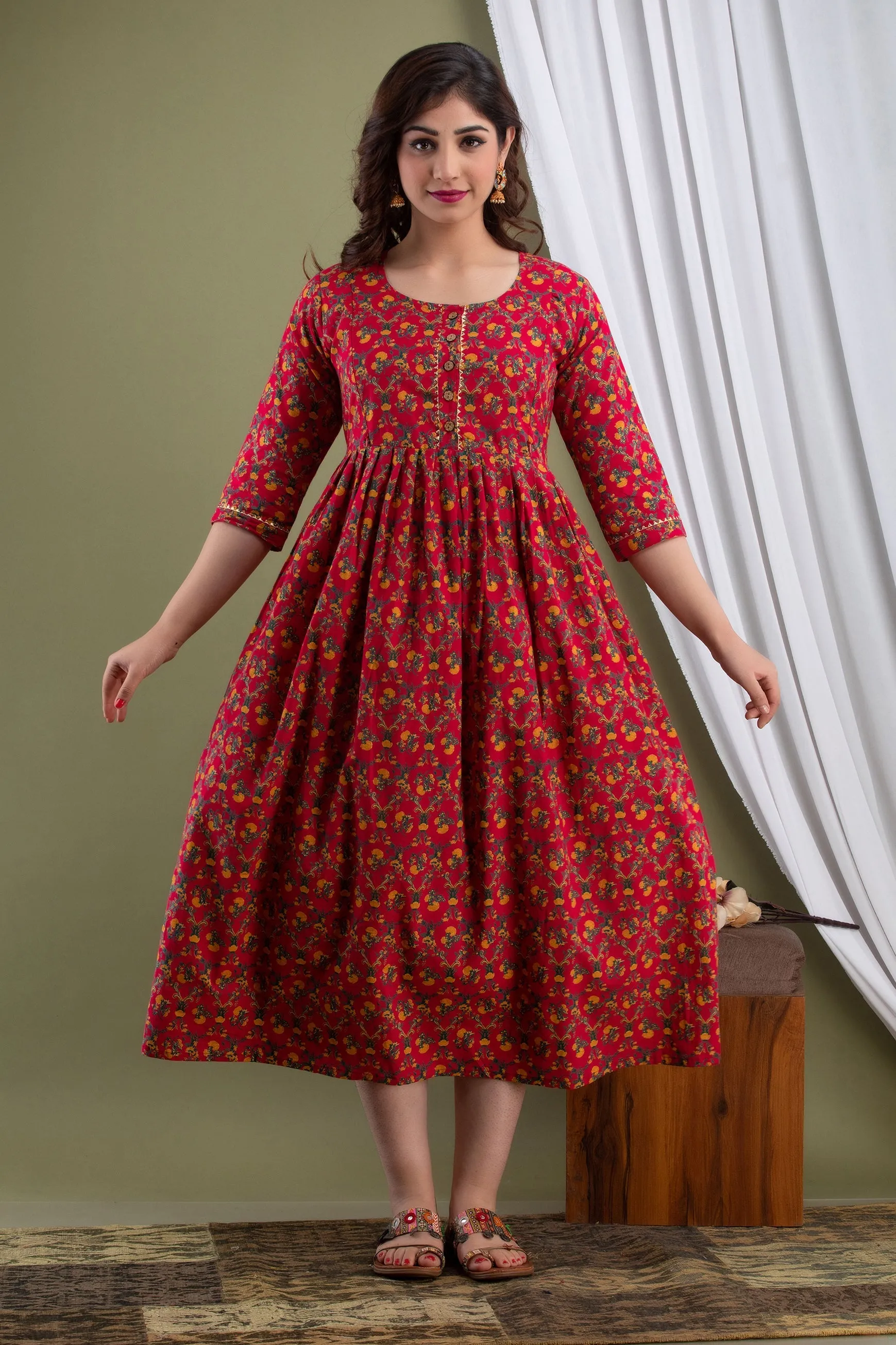Red Floral Print Maternity Baby Feeding Dress