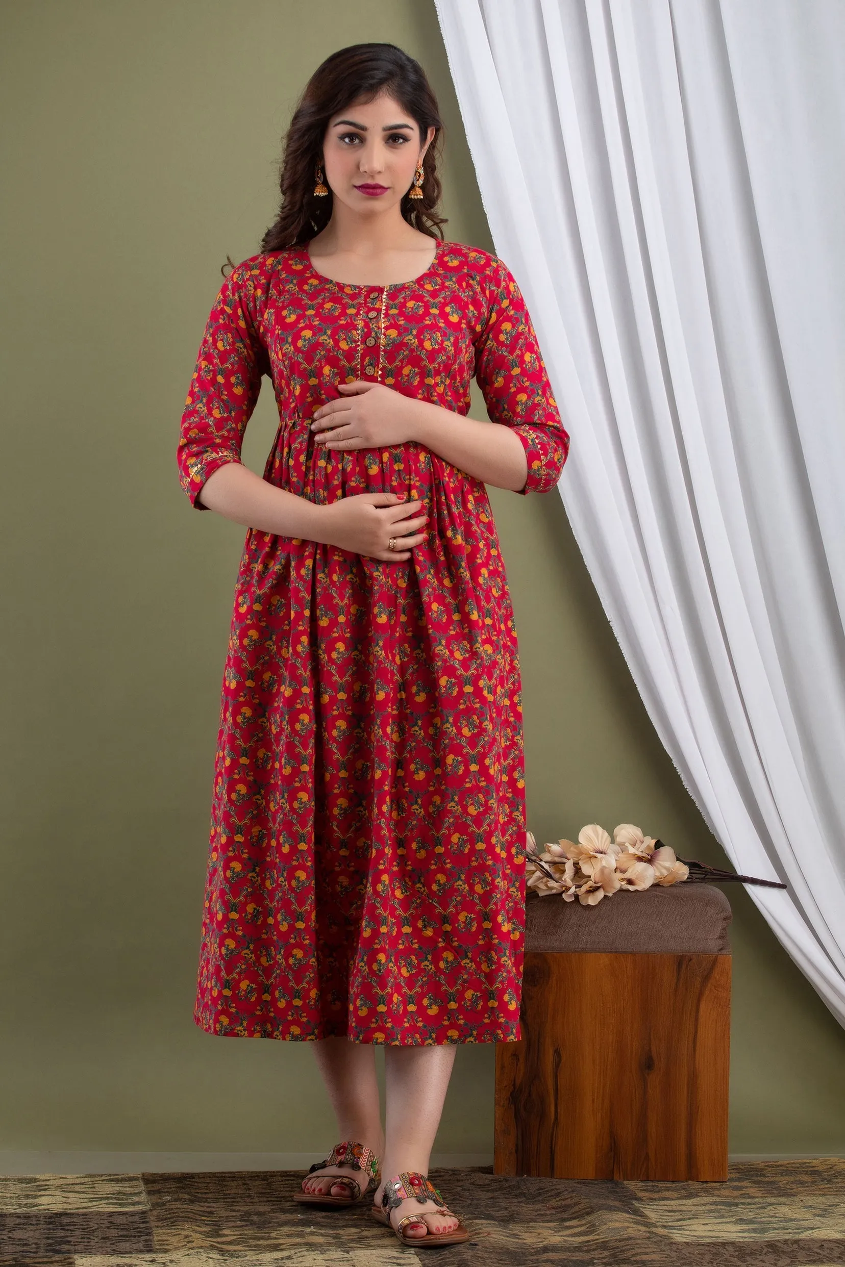 Red Floral Print Maternity Baby Feeding Dress