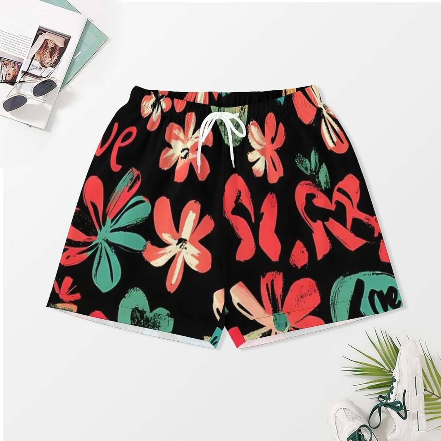 Red Hearts Floral Flowers Satin Pajamas For Women Set Botton Down Short Sleeves Silk Sleepwear