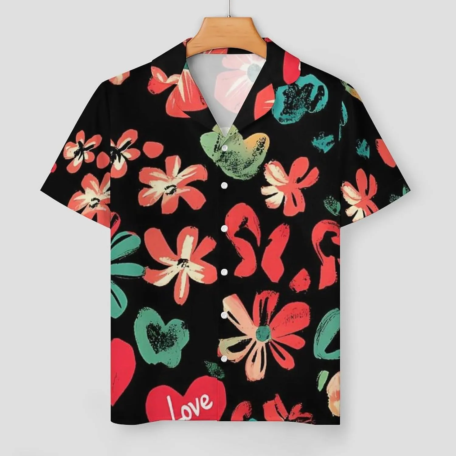 Red Hearts Floral Flowers Satin Pajamas For Women Set Botton Down Short Sleeves Silk Sleepwear
