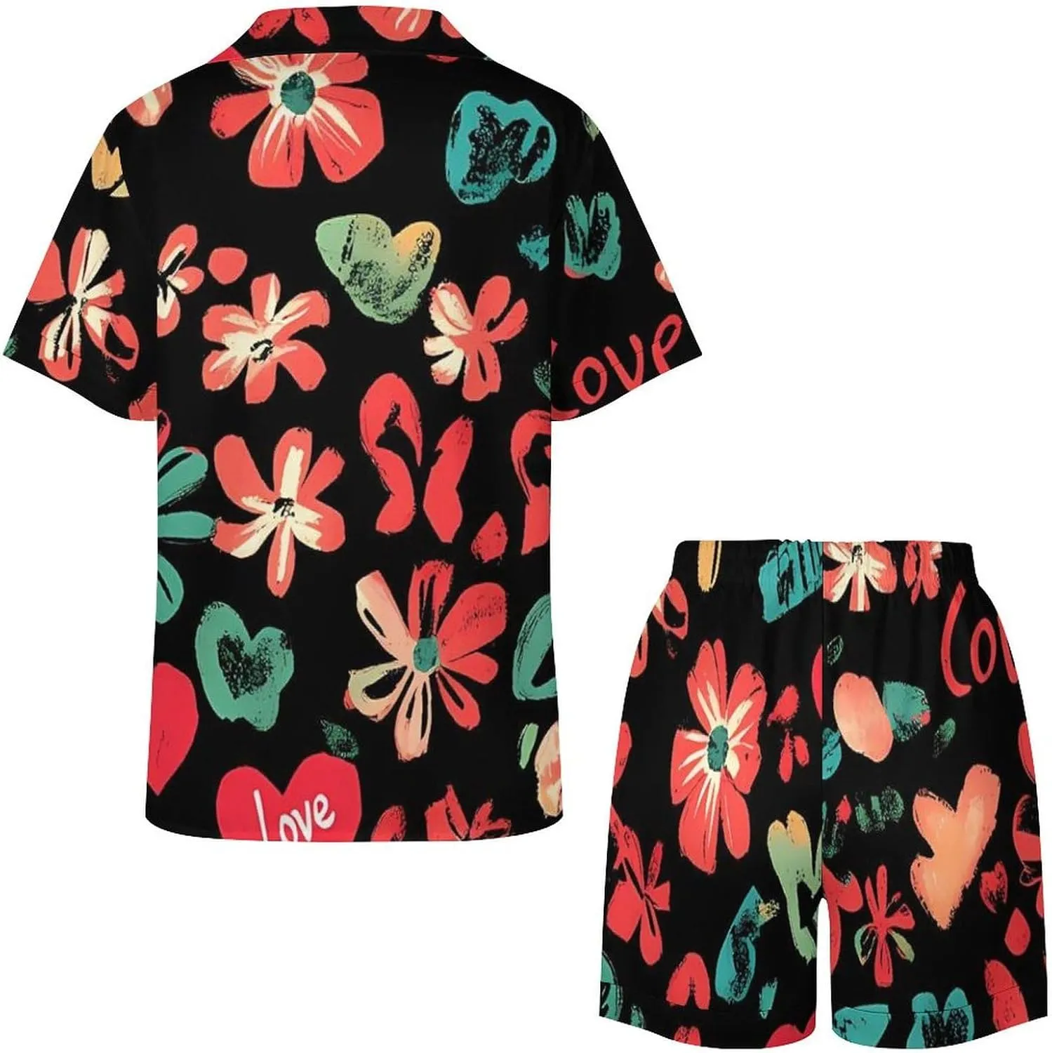 Red Hearts Floral Flowers Satin Pajamas For Women Set Botton Down Short Sleeves Silk Sleepwear
