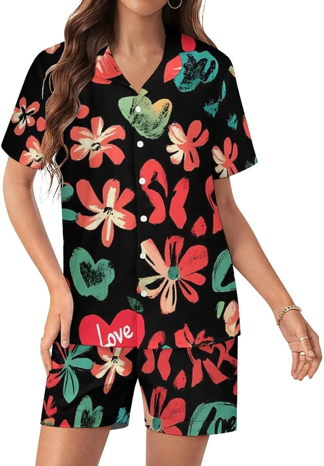Red Hearts Floral Flowers Satin Pajamas For Women Set Botton Down Short Sleeves Silk Sleepwear