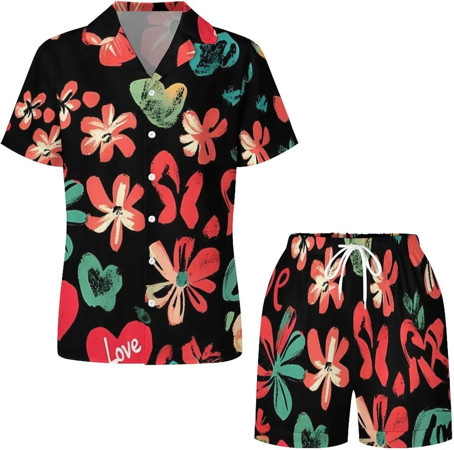 Red Hearts Floral Flowers Satin Pajamas For Women Set Botton Down Short Sleeves Silk Sleepwear