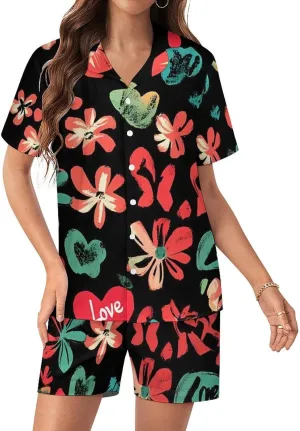 Red Hearts Floral Flowers Satin Pajamas For Women Set Botton Down Short Sleeves Silk Sleepwear