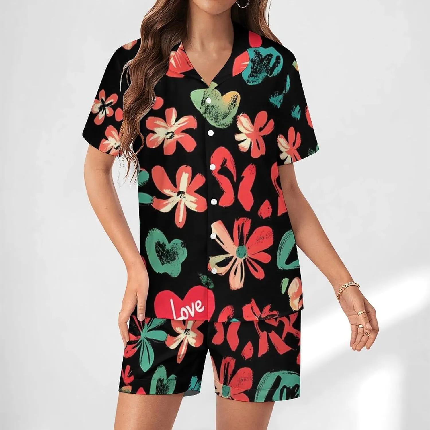 Red Hearts Floral Flowers Satin Pajamas For Women Set Botton Down Short Sleeves Silk Sleepwear