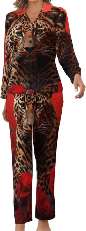 Red Rose Cheetah Cat Leopard Print Womens Pajamas Satin PJ Set Button Down Loungewear Set 2 Piece Lounge Sets