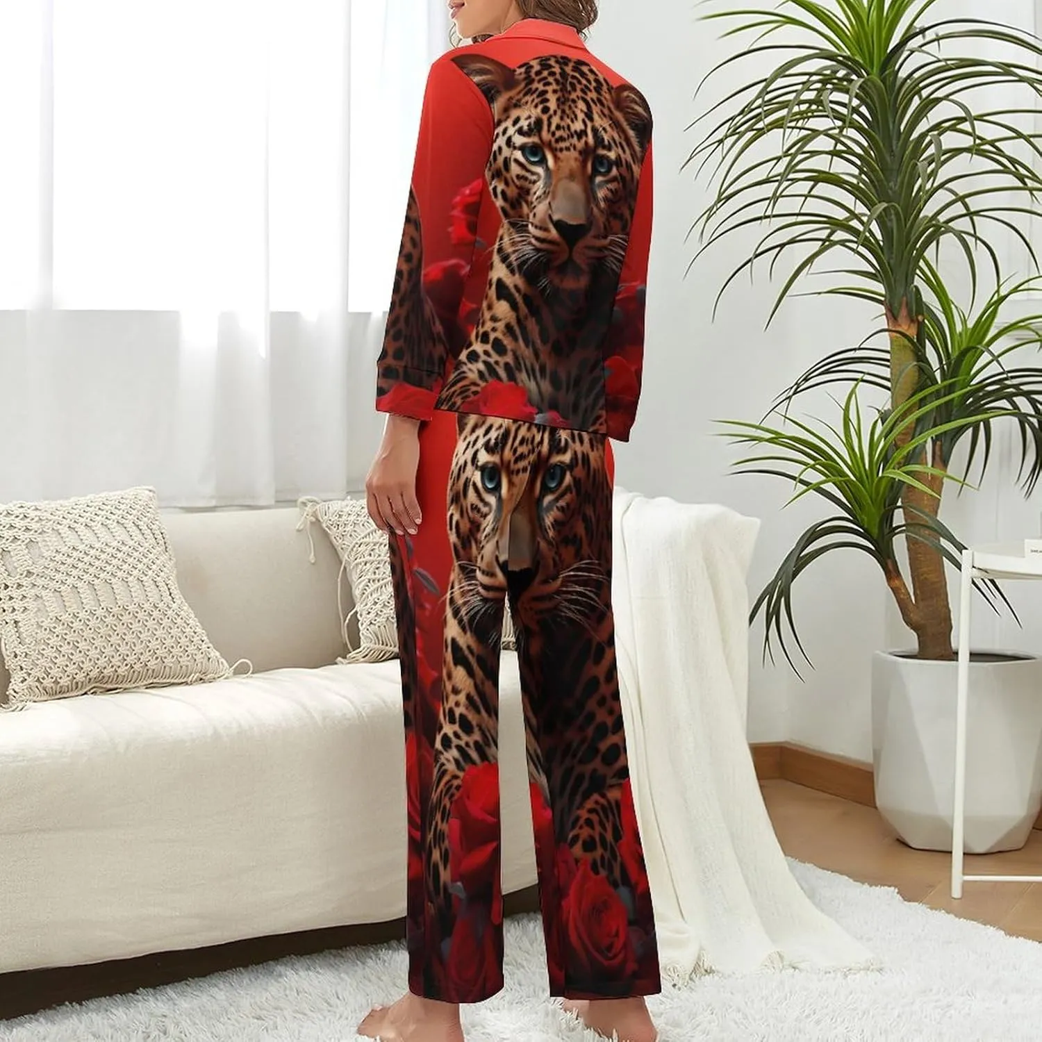 Red Rose Cheetah Cat Leopard Print Womens Pajamas Satin PJ Set Button Down Loungewear Set 2 Piece Lounge Sets