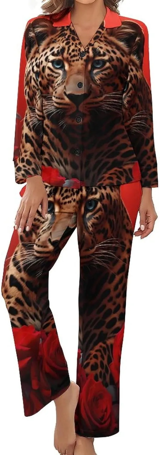 Red Rose Cheetah Cat Leopard Print Womens Pajamas Satin PJ Set Button Down Loungewear Set 2 Piece Lounge Sets