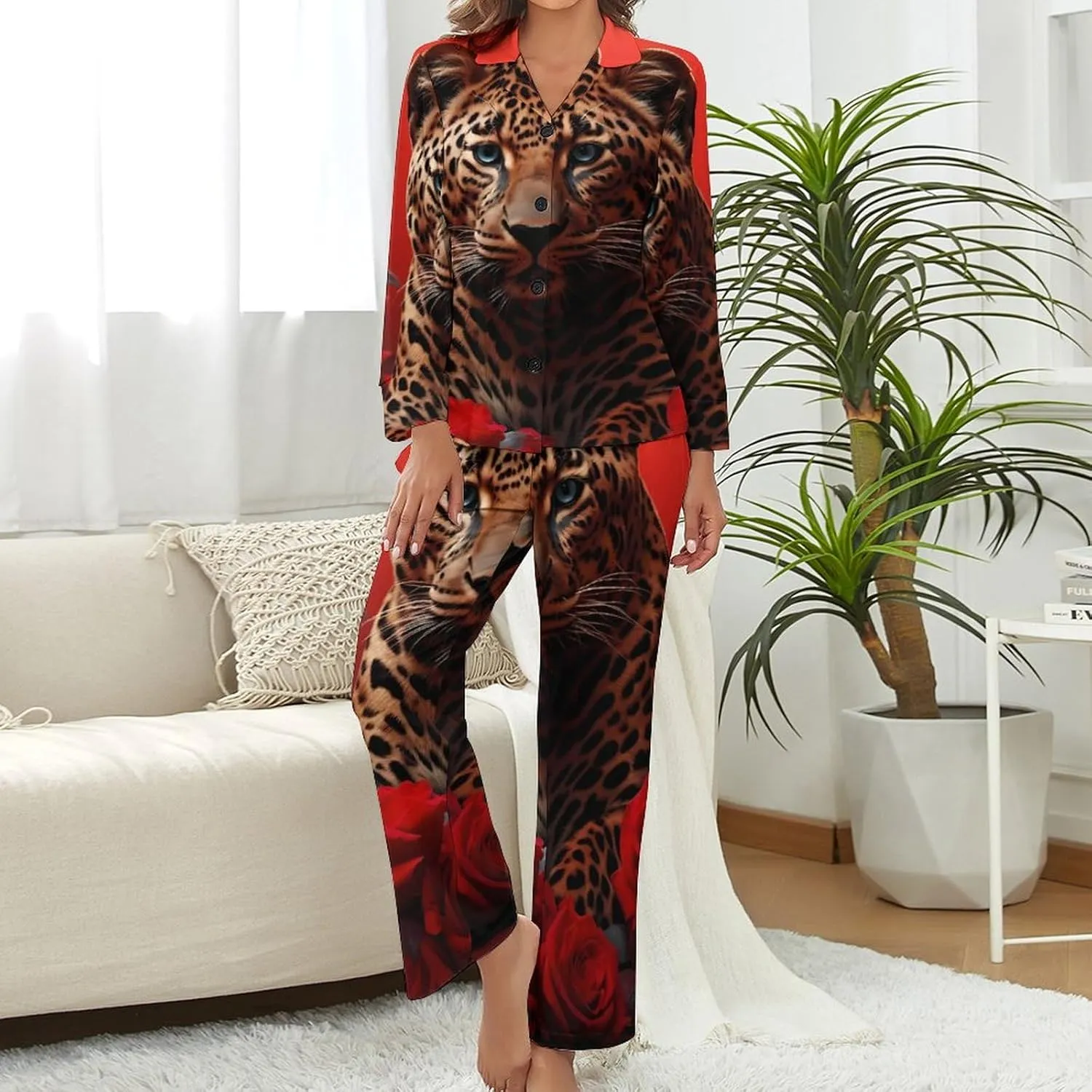 Red Rose Cheetah Cat Leopard Print Womens Pajamas Satin PJ Set Button Down Loungewear Set 2 Piece Lounge Sets