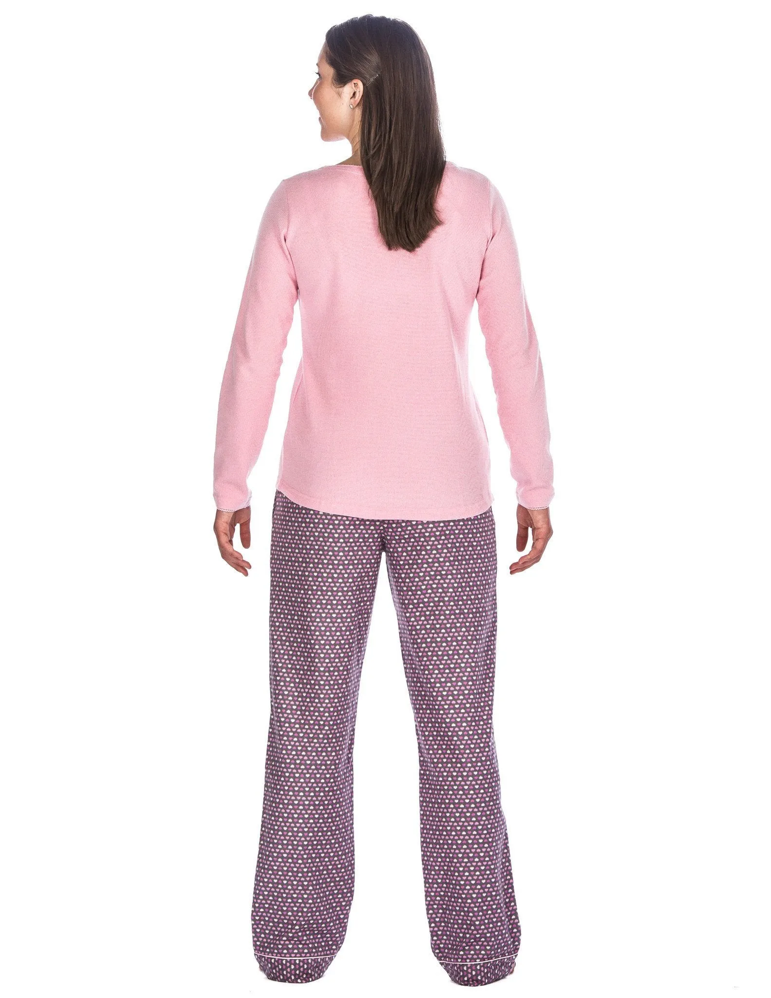 Relaxed Fit Womens Cotton Flannel Lounge Set with Crew Neck Top - Hearts Pink