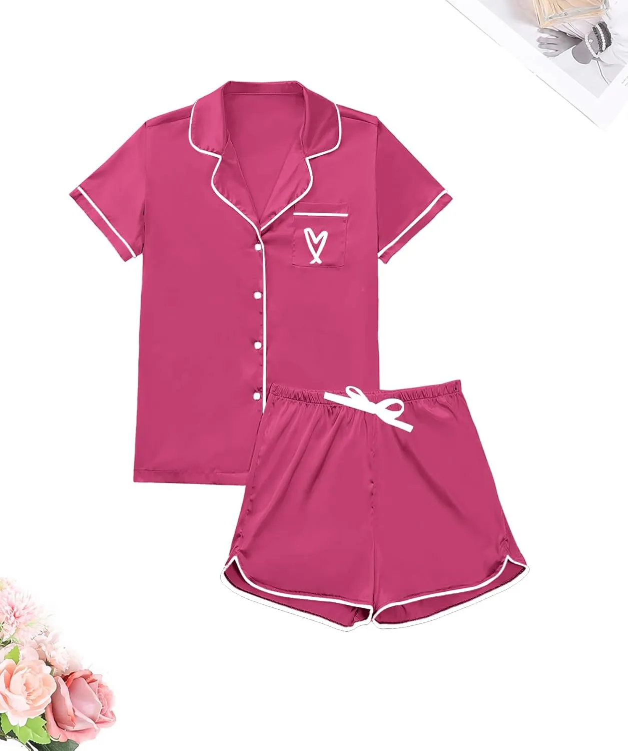 Rooscier Women's Satin Pajamas Set V Neck Short Sleeve Shirt With Shorts Sleepwear