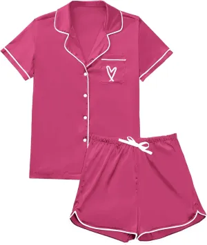 Rooscier Women's Satin Pajamas Set V Neck Short Sleeve Shirt With Shorts Sleepwear