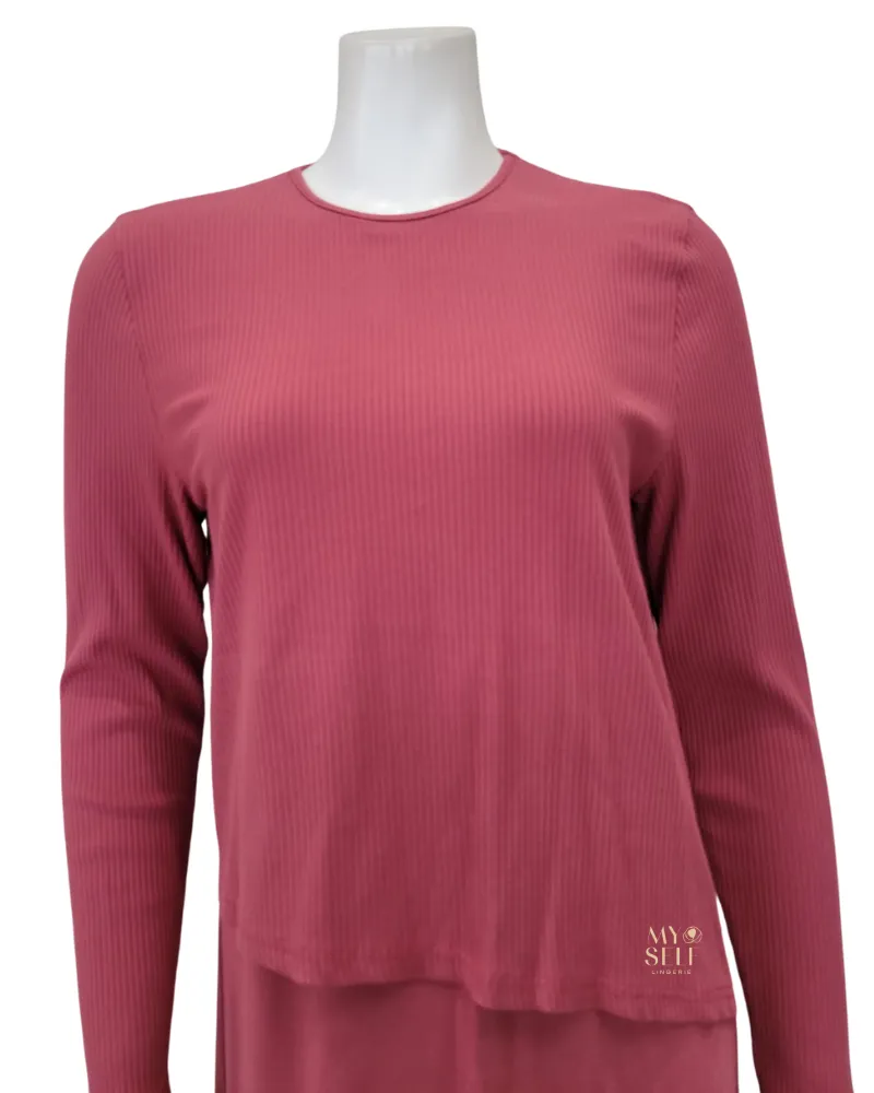 S6522 Rose Pink Ribbed Modal Nursing Nightgown
