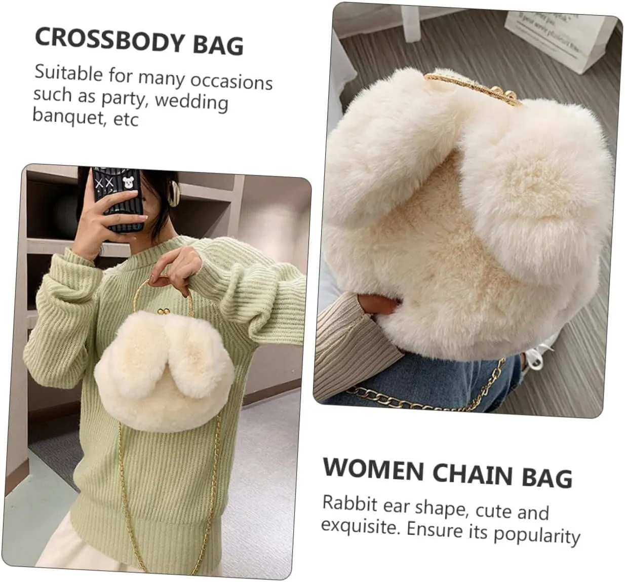 SAFIGLE 1 x Plush Rabbit Ears Shoulder Bag, Plush Shoulder Bag, Plush Chain Bag, Women's Chain Bag, Shoulder Bag, Women's Plush Bag, Rabbit Ear Shoulder Bag