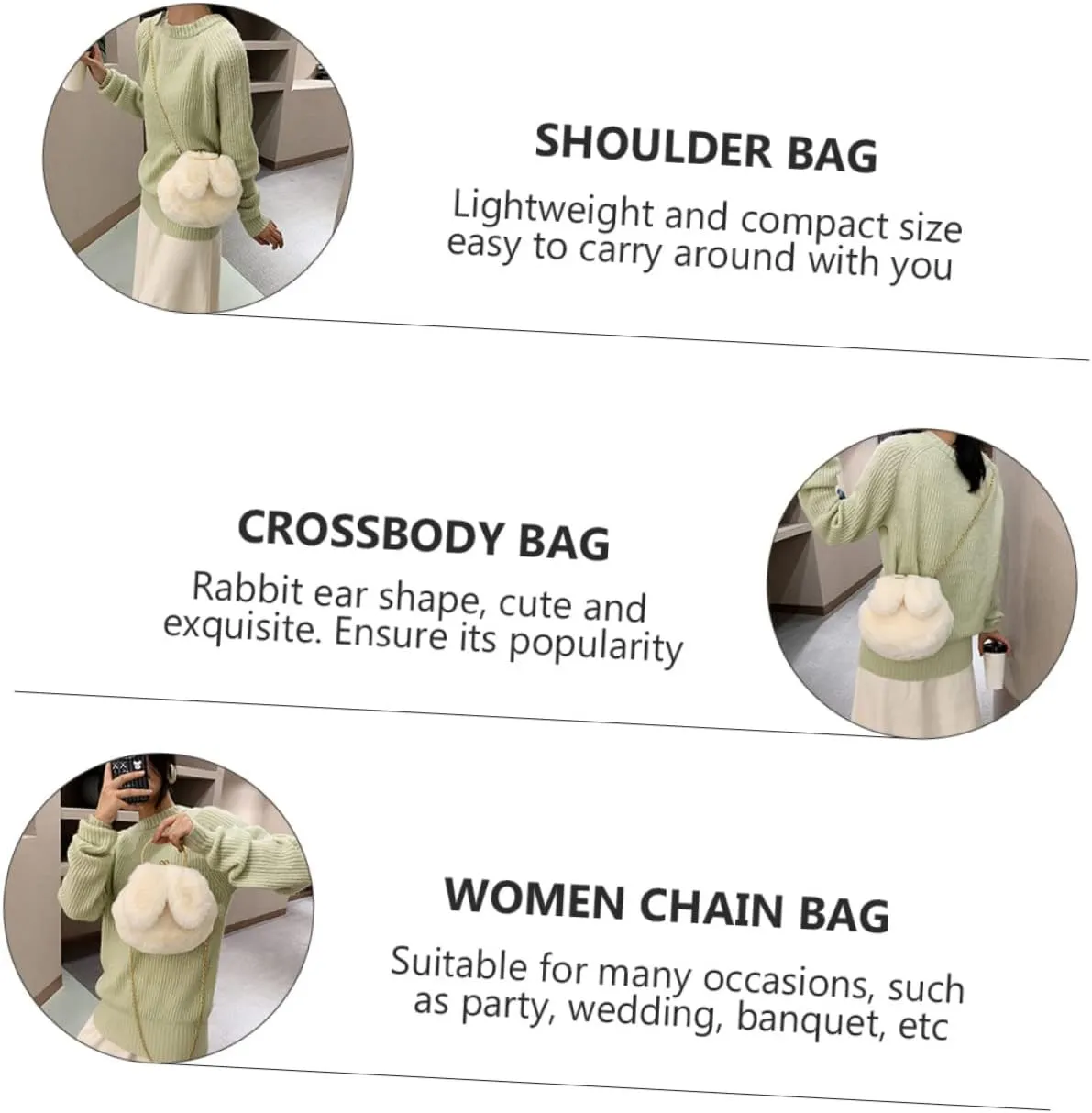 SAFIGLE 1 x Plush Rabbit Ears Shoulder Bag, Plush Shoulder Bag, Plush Chain Bag, Women's Chain Bag, Shoulder Bag, Women's Plush Bag, Rabbit Ear Shoulder Bag