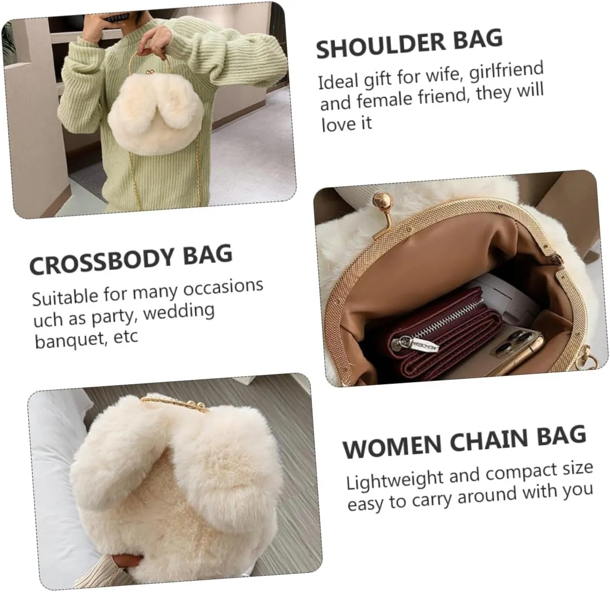 SAFIGLE 1 x Plush Rabbit Ears Shoulder Bag, Plush Shoulder Bag, Plush Chain Bag, Women's Chain Bag, Shoulder Bag, Women's Plush Bag, Rabbit Ear Shoulder Bag