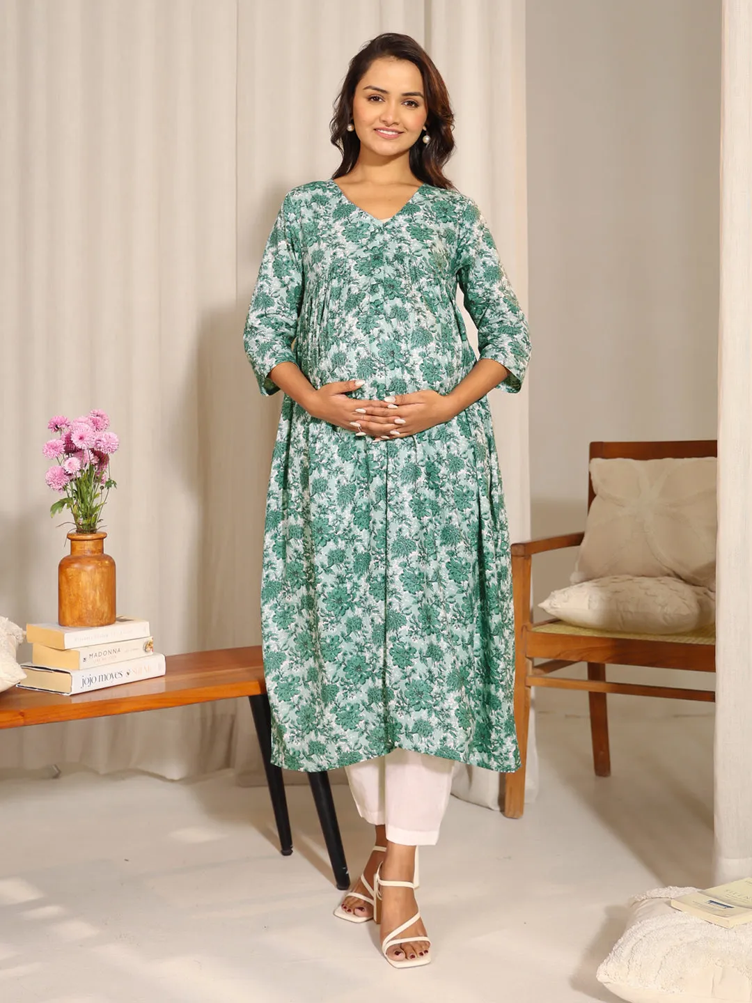 Sage Green Cotton Floral Printed A-Line Maternity Kurta