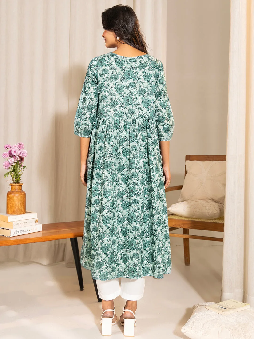 Sage Green Cotton Floral Printed A-Line Maternity Kurta