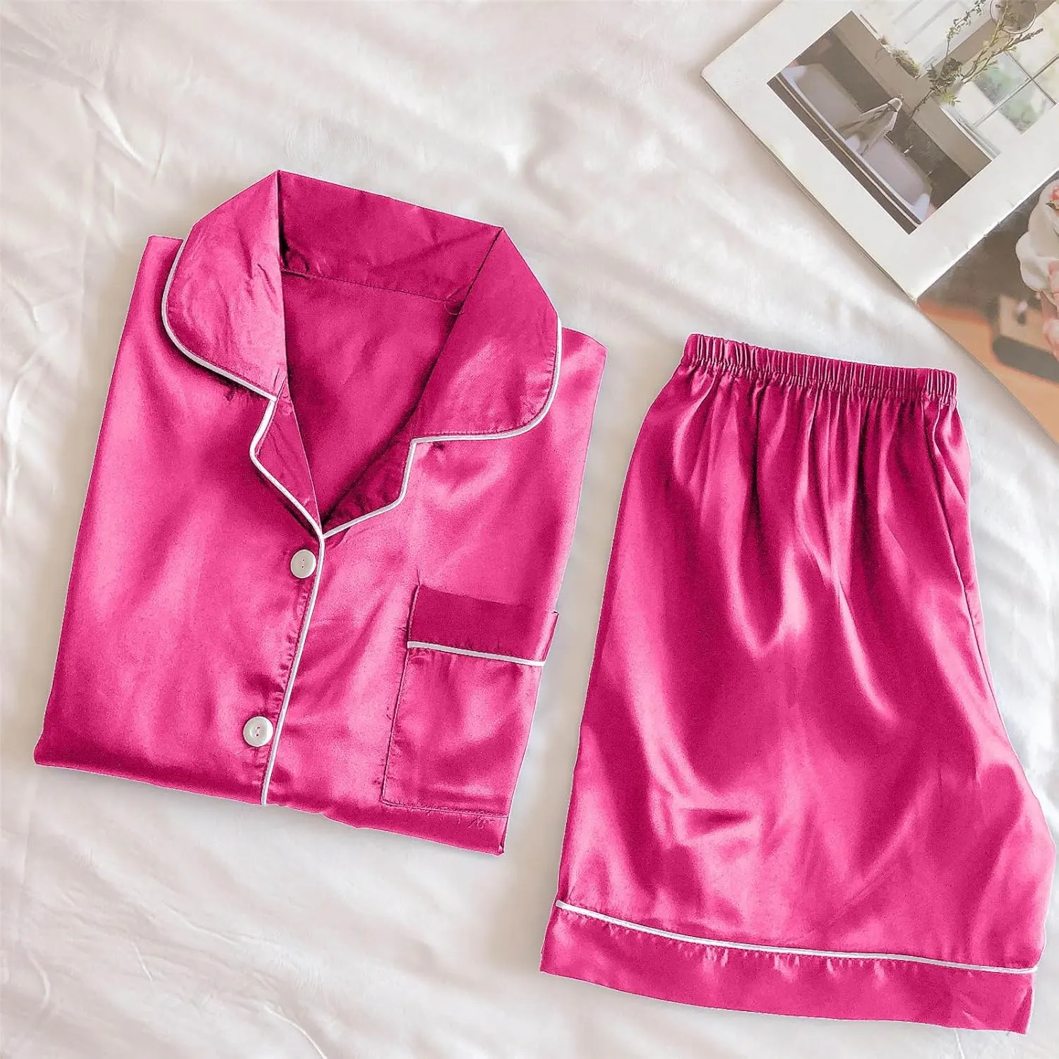 Satin Pajama Set for Women Short Sleeve Silk Pajamas Button Down Sleepwear & Shorts Comfy Soft Two Piece Loungewear