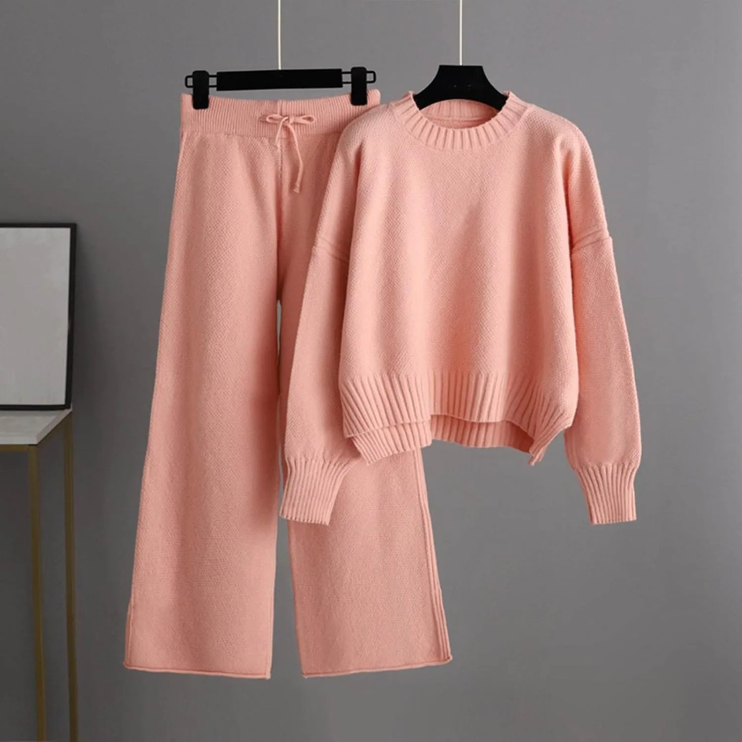 Satin Pajama Set for Women Women's Knitted Set Autumn and Winter Knitting Suit High Collar Ribbed Knit Sweater