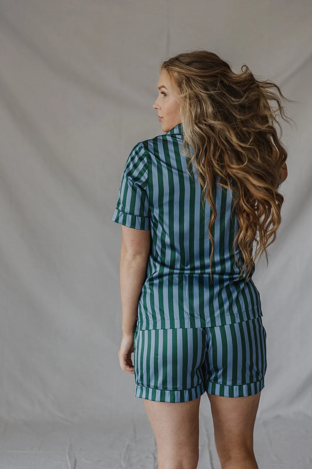 Satin Pajama Shorts Set | Blue/Green Stripe Short Sleeve