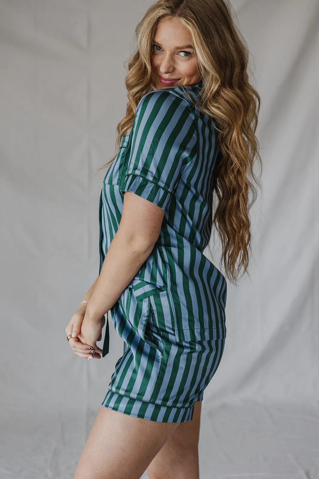 Satin Pajama Shorts Set | Blue/Green Stripe Short Sleeve