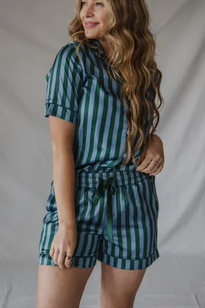 Satin Pajama Shorts Set | Blue/Green Stripe Short Sleeve