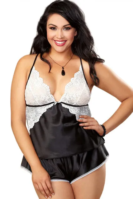 Satin Plus Size French Sexy Deep V-Neck Top   Short Pajamas