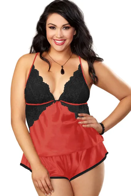 Satin Plus Size French Sexy Deep V-Neck Top   Short Pajamas