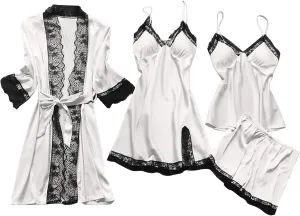 SEAOPEN Women's Silk Pajamas Set 4pcs Robe Babydoll Lingerie Satin Sleepwear Nightdress Lace Nightgown Set Loungewear