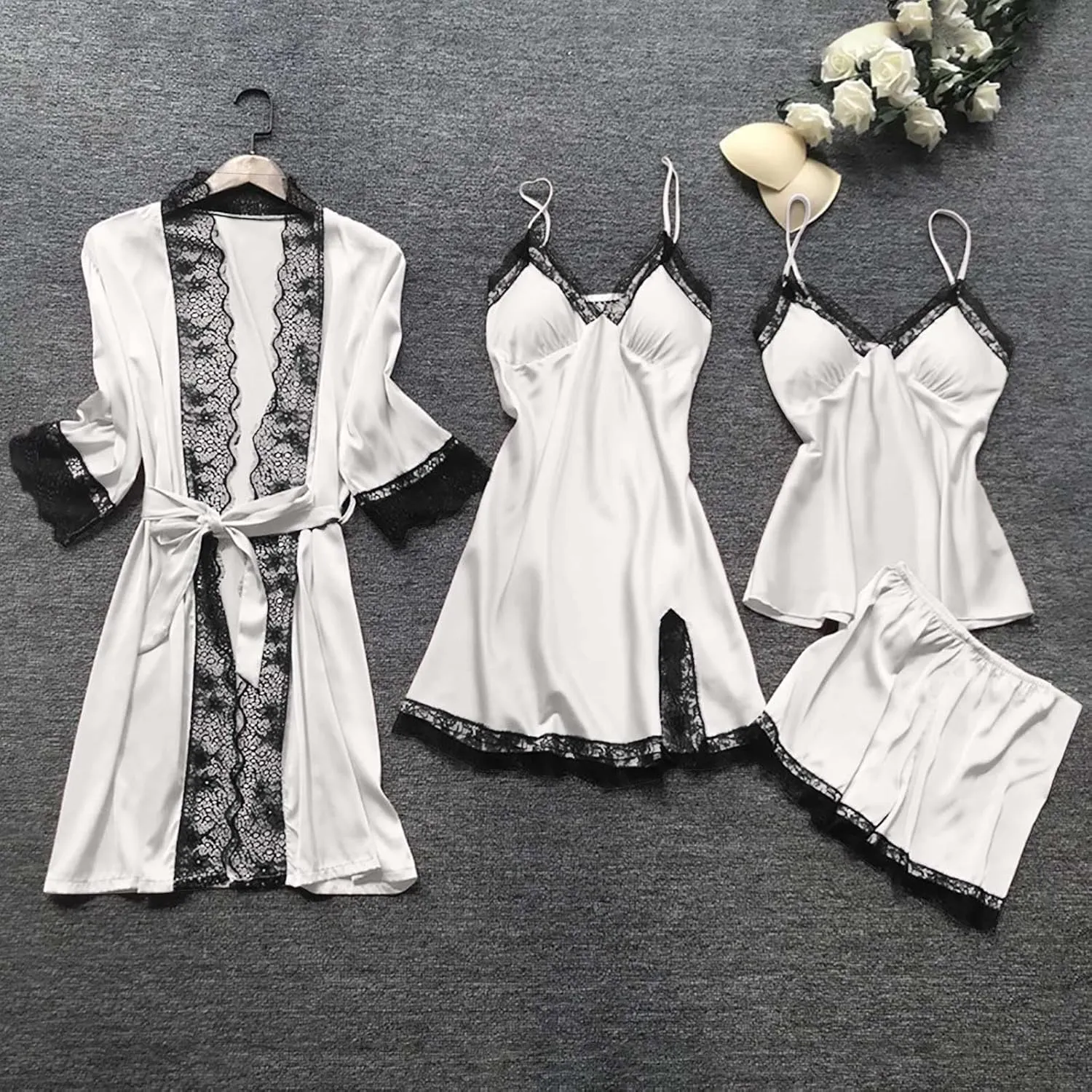 SEAOPEN Women's Silk Pajamas Set 4pcs Robe Babydoll Lingerie Satin Sleepwear Nightdress Lace Nightgown Set Loungewear