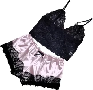 Sexy Lace Pajamas for Women Spaghetti Strap Bralette with Shorts Silk Satin Pjs Sets Soft Comfy Ladies Sleepwear 2025