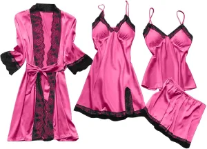 Sexy Pajama Set for Women 4 Piece Lace Satin Robes Dress Cami Shorts Sets Silk Sleepwear Built in Bra Nightgown