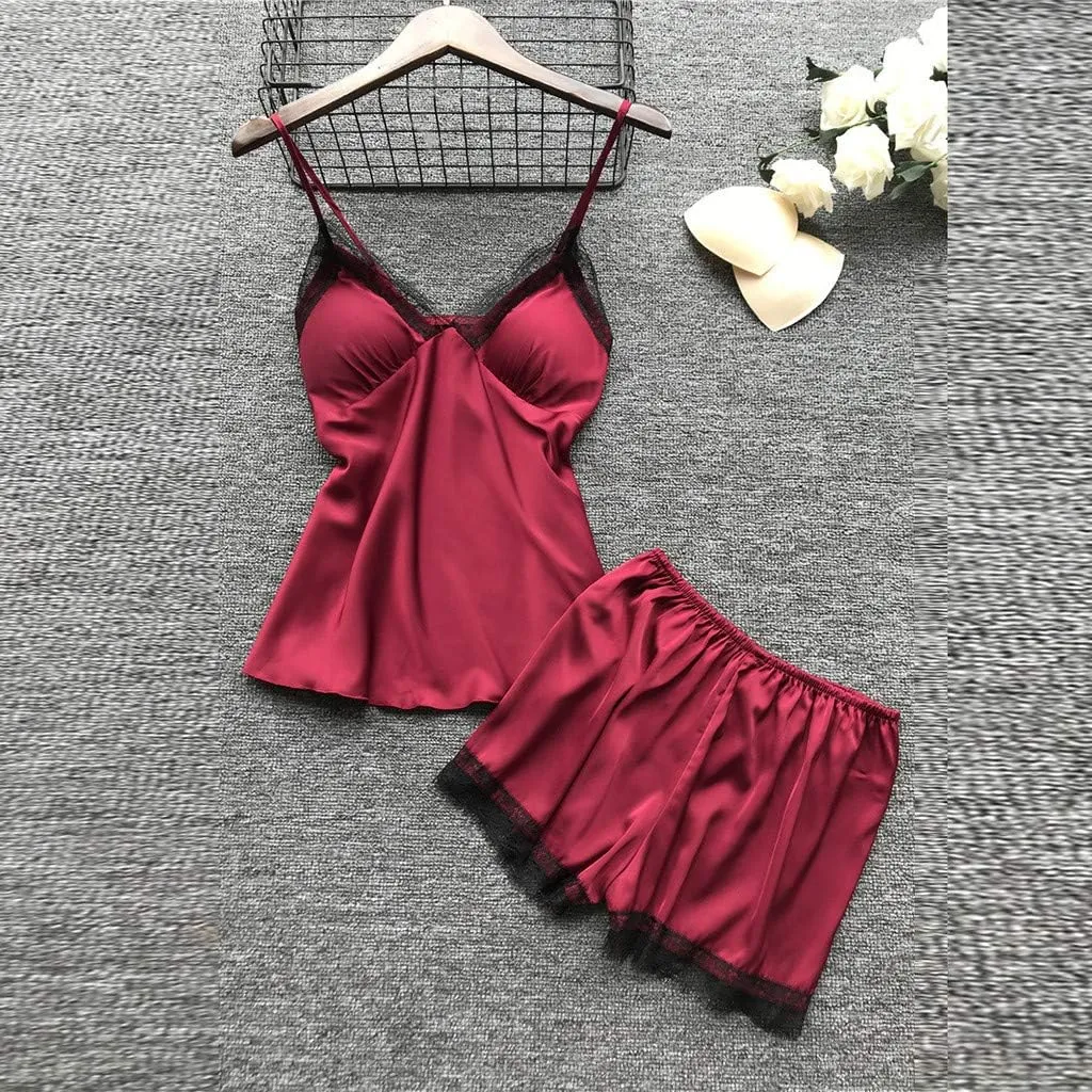 Sexy Pajama Set for Women 4 Piece Lace Satin Robes Dress Cami Shorts Sets Silk Sleepwear Built in Bra Nightgown