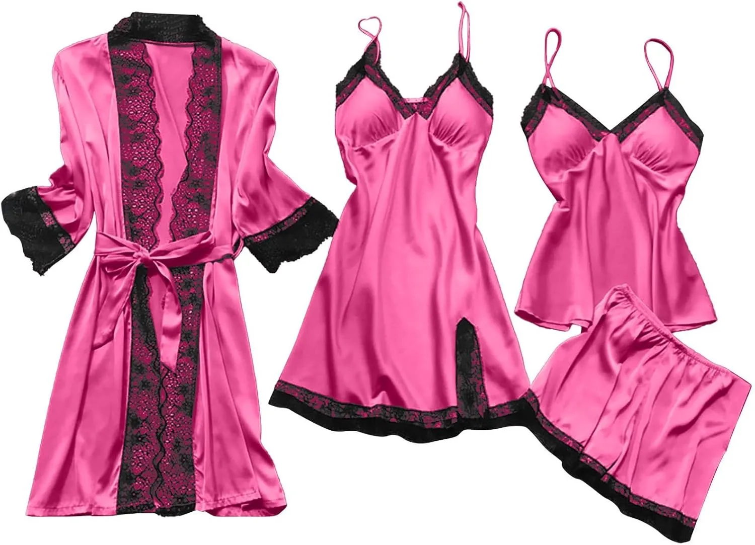 Sexy Pajama Set for Women 4 Piece Lace Satin Robes Dress Cami Shorts Sets Silk Sleepwear Built in Bra Nightgown