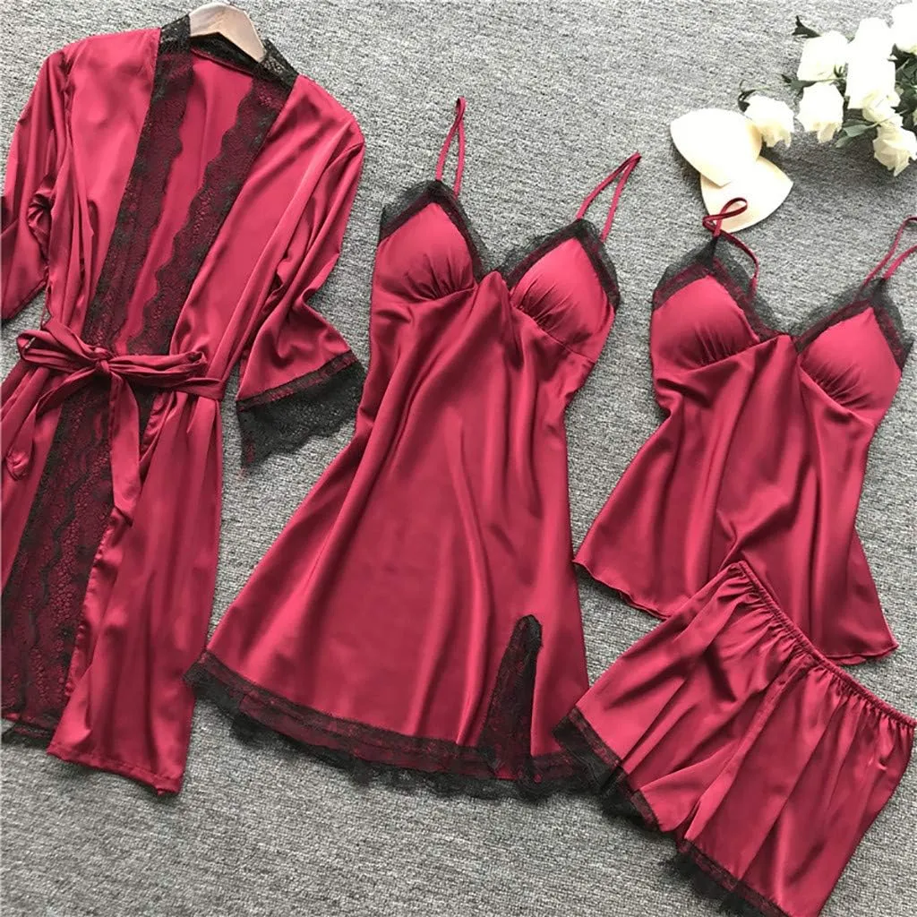 Sexy Pajama Set for Women 4 Piece Lace Satin Robes Dress Cami Shorts Sets Silk Sleepwear Built in Bra Nightgown