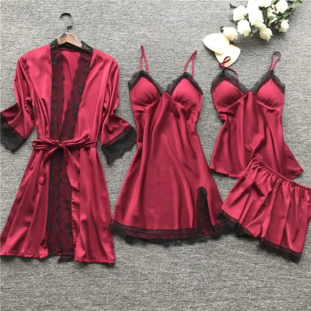 Sexy Pajama Set for Women 4 Piece Lace Satin Robes Dress Cami Shorts Sets Silk Sleepwear Built in Bra Nightgown