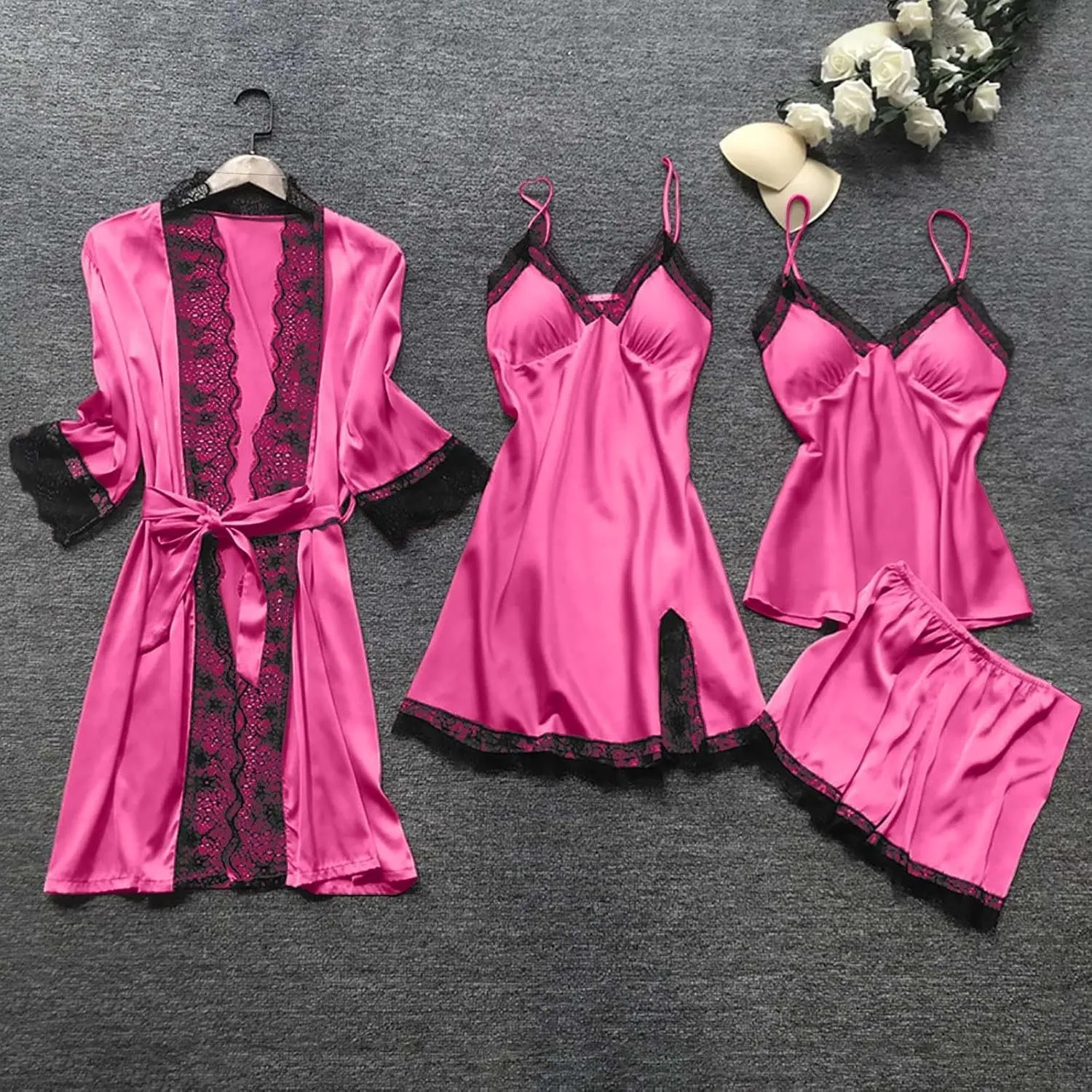 Sexy Pajama Set for Women 4 Piece Lace Satin Robes Dress Cami Shorts Sets Silk Sleepwear Built in Bra Nightgown