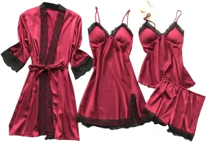 Sexy Pajama Set for Women 4 Piece Lace Satin Robes Dress Cami Shorts Sets Silk Sleepwear Built in Bra Nightgown