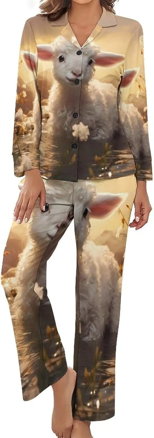 Sheep Flowers Womens Pajamas Satin PJ Set Button Down Loungewear Set 2 Piece Lounge Sets