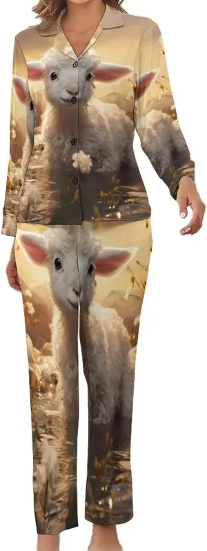 Sheep Flowers Womens Pajamas Satin PJ Set Button Down Loungewear Set 2 Piece Lounge Sets