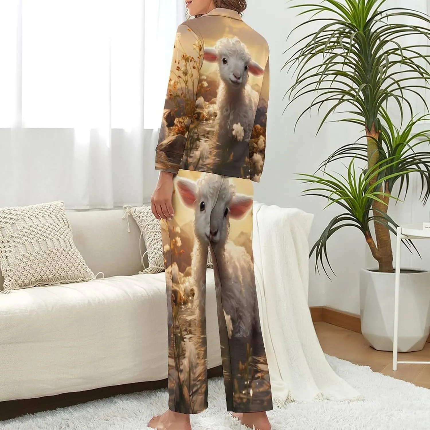 Sheep Flowers Womens Pajamas Satin PJ Set Button Down Loungewear Set 2 Piece Lounge Sets